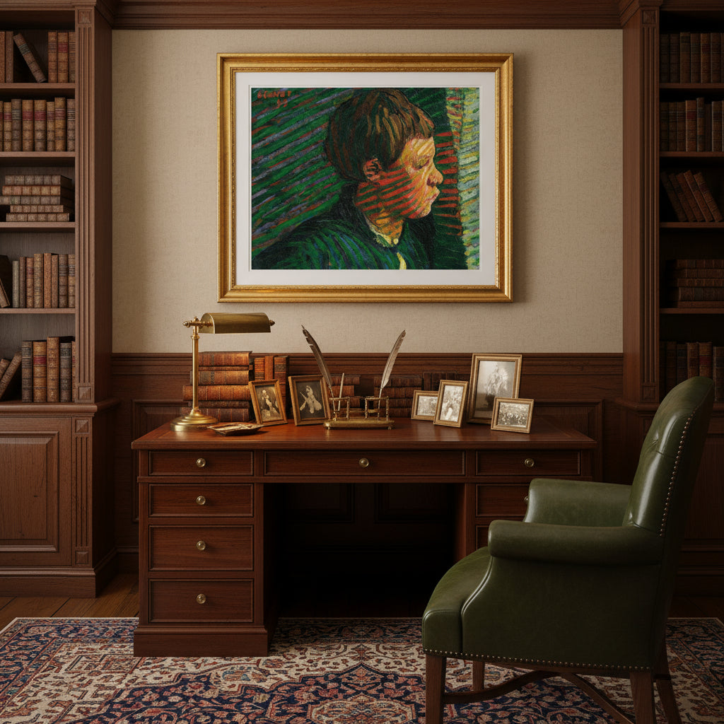 Breton Boy in Profile 40x50 cm framed art print above mahogany desk in traditional heritage study with brass accents