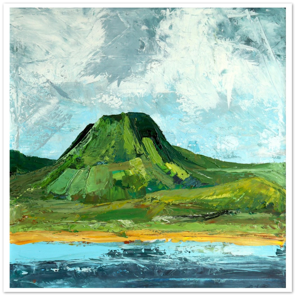 Ó Maoláin's semi-abstract landscape art: Lurig Mountain meets Cushendall Beach in County Antrim, Northern Ireland. Harmonious blend of colours and forms. Buy Irish Art Direct from Irish Artists.