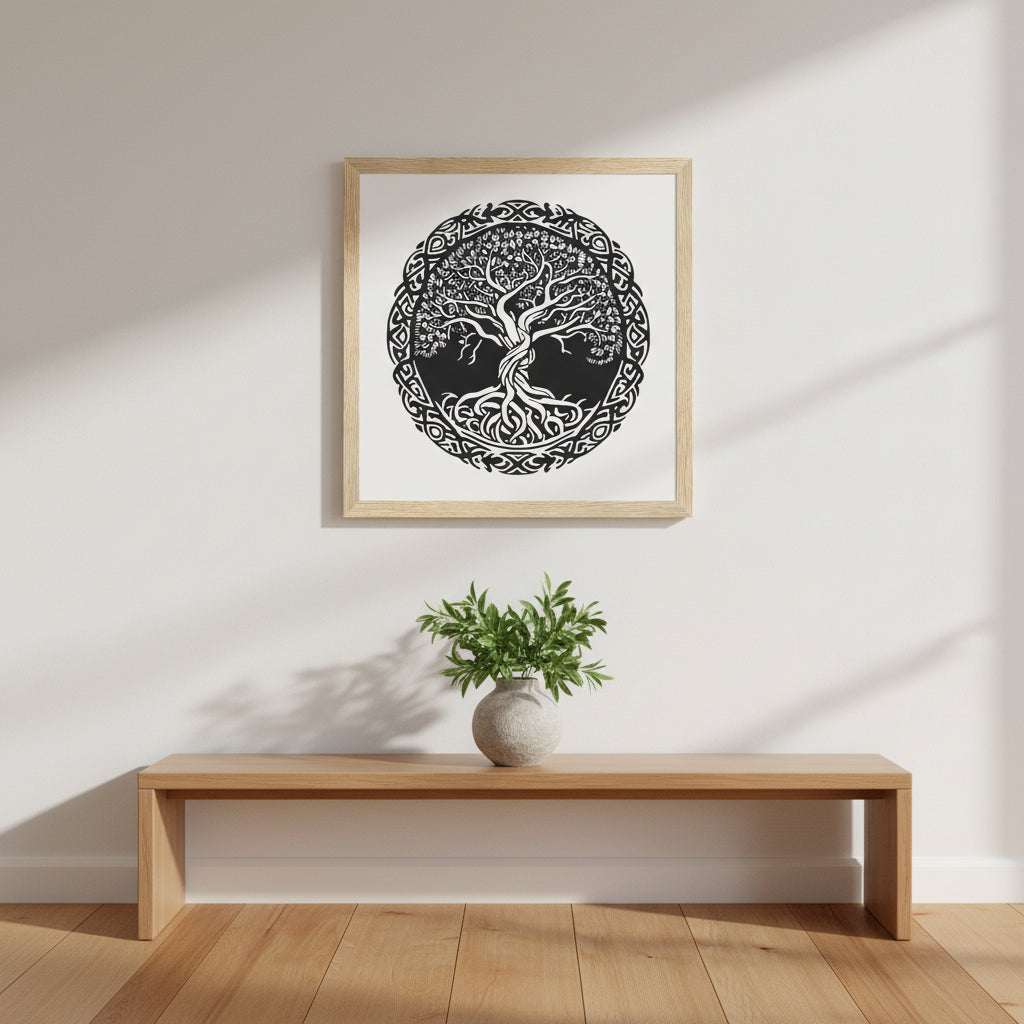 Celtic Tree of Life print in natural oak wooden frame hanging above a console table with green foliage and stone vase. Soft morning light, Scandinavian-Irish design blend, calm and balanced composition.