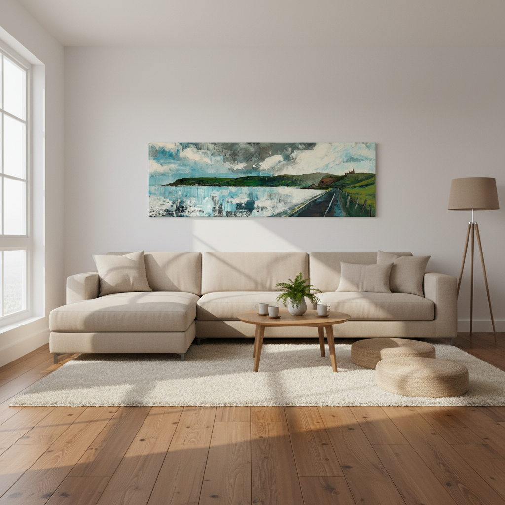 warm living room, neutral sofa, natural side light, wooden floor, square 1:1 format, wide panoramic canvas print on wall, artwork fills 75% of frame, no frame, canvas wrap, frameless canvas