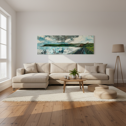 warm living room, neutral sofa, natural side light, wooden floor, square 1:1 format, wide panoramic canvas print on wall, artwork fills 75% of frame, no frame, canvas wrap, frameless canvas