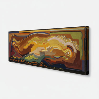 Close-up studio mock-up of a long panoramic canvas print (30×90 cm), showing canvas texture, 4cm deep edges, crisp geometric colours, premium archival quality.