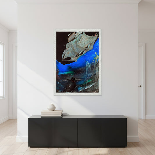 Collector’s Edition illustration in white gallery frame, displayed in bright contemporary hallway, black console table with stacked art books and ceramic sculpture, natural light, minimal decor.
