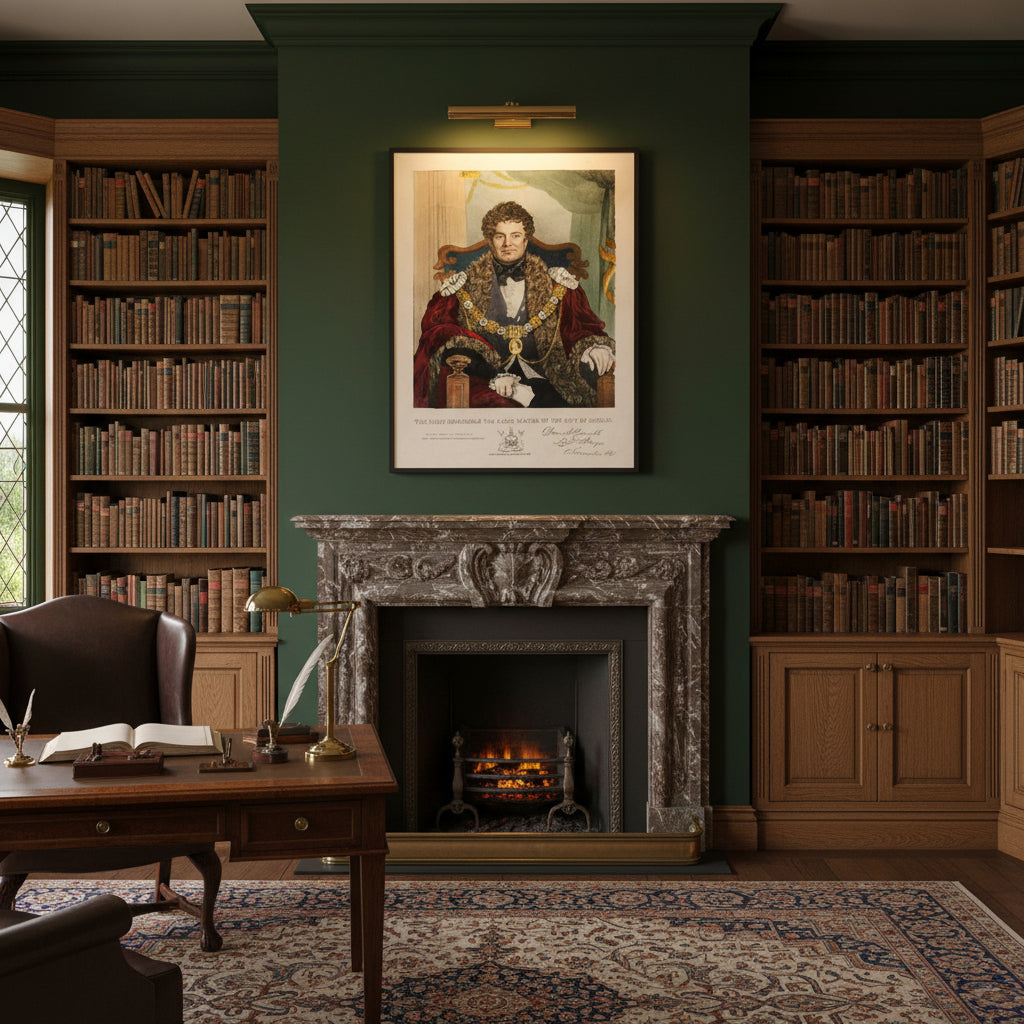 Historic study with dark green walls, oak bookcases and brass picture light; Daniel O’Connell Lord Mayor portrait in black frame above fireplace.”