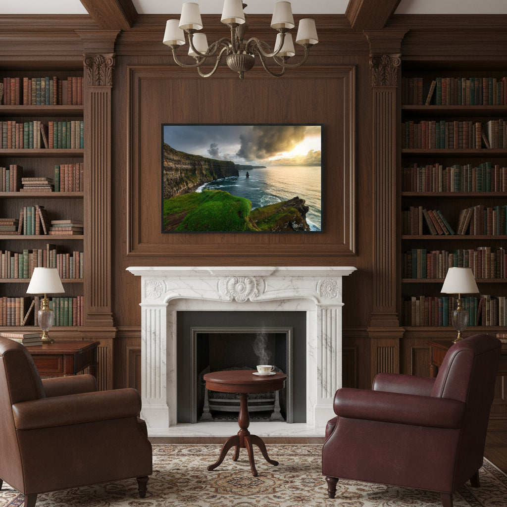 Dark wood-panelled study with leather armchairs and antique books; Cliffs of Moher in black frame above a marble fireplace.