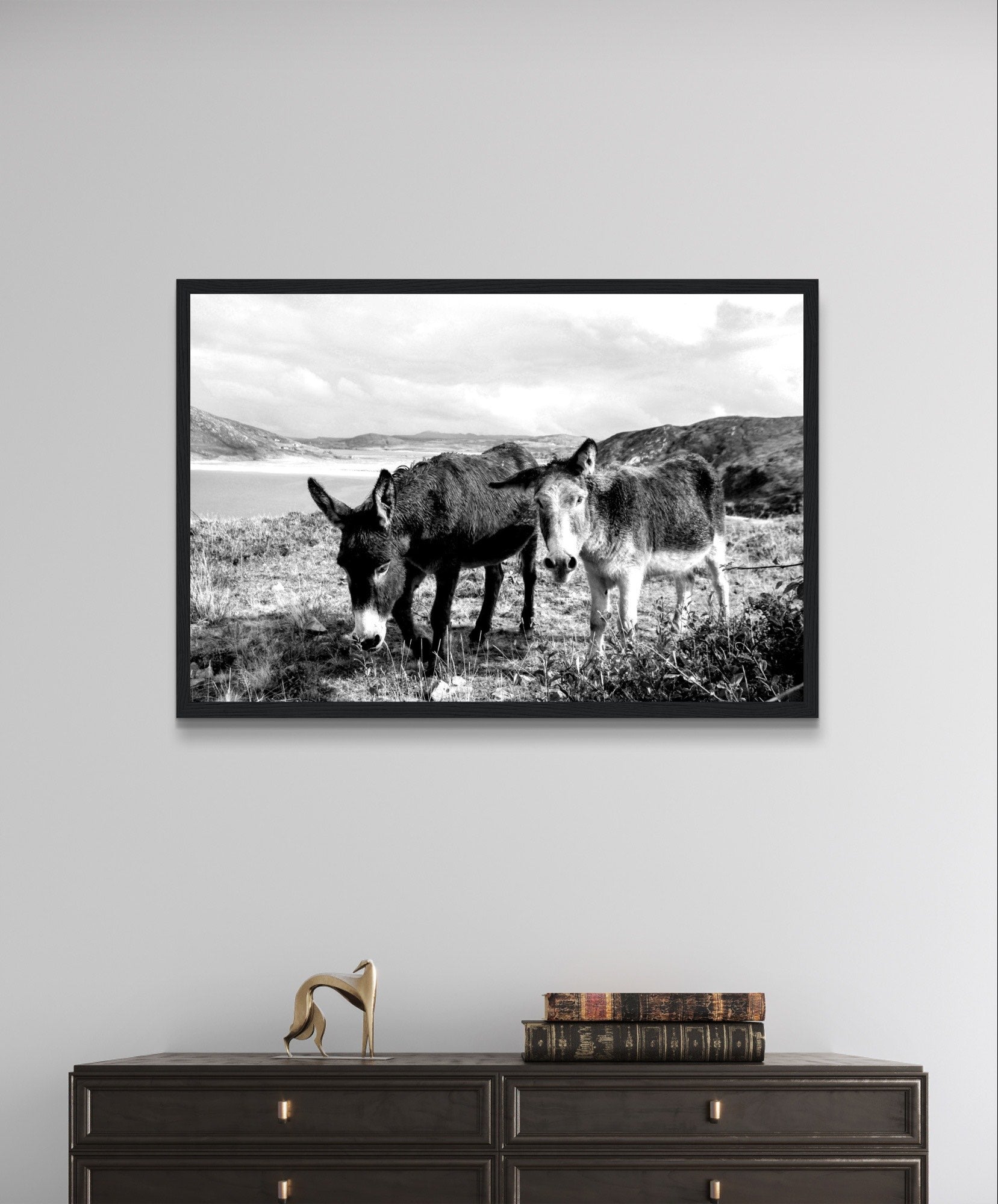 Black and white Framed photo wall art print: Two serene Donegal Donkeys against scenic Irish backdrop. Captures rustic charm & tranquility.