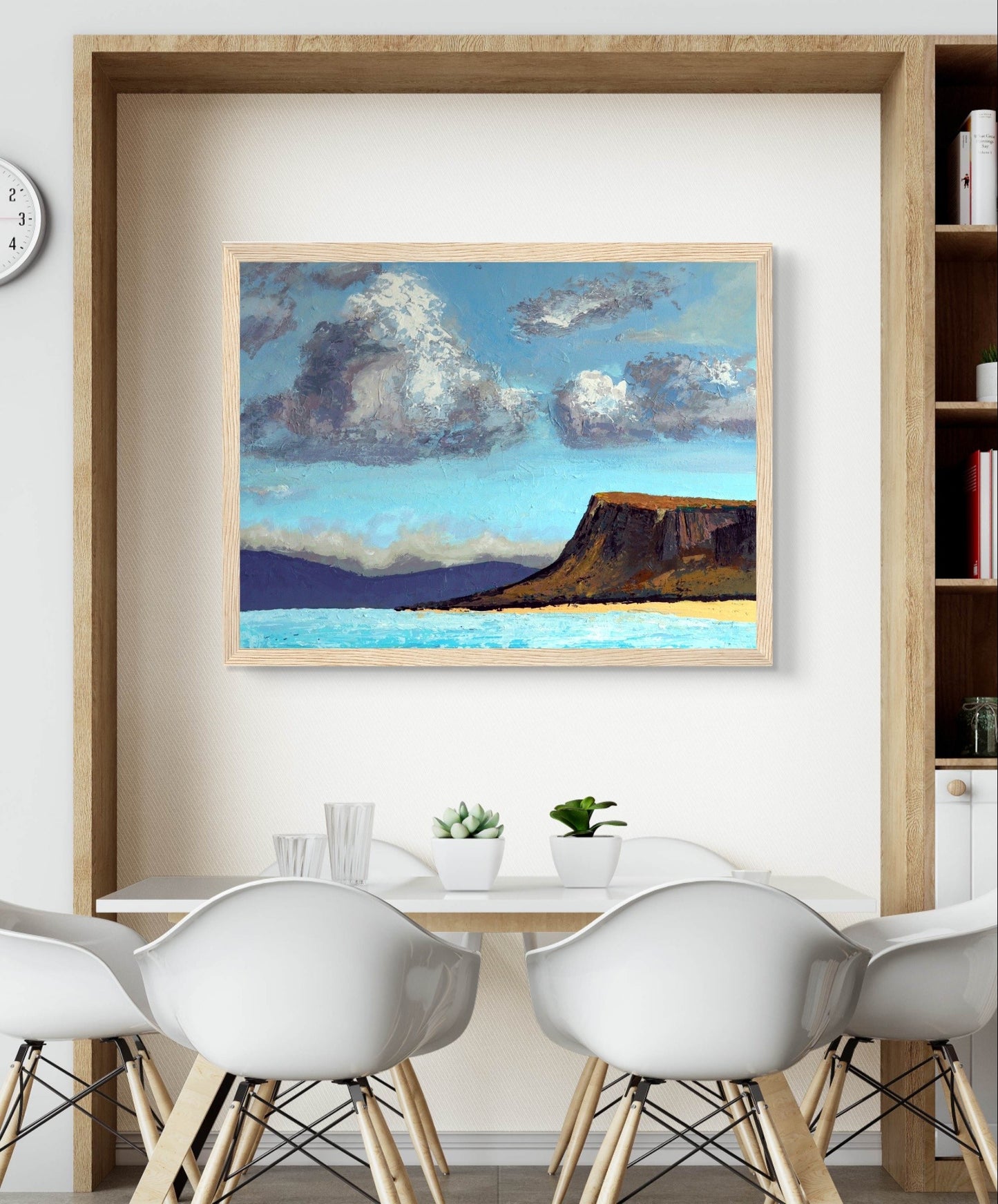 Ó Maoláin's framed wall art print: Ballycastle beach, Fair Head in distance. Serene coastal scene, sandy shores, cliffs. County Antrim, Ireland.