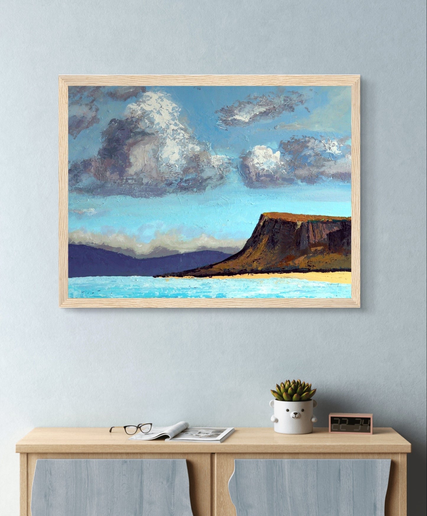 Ó Maoláin's framed art print: Ballycastle beach, Fair Head in distance. Serene coastal scene, sandy shores, County Antrim, Ireland.