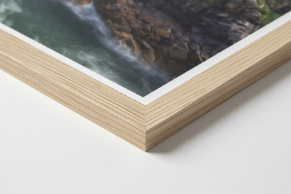 Close-up of framed print detail, archival paper and wooden frame