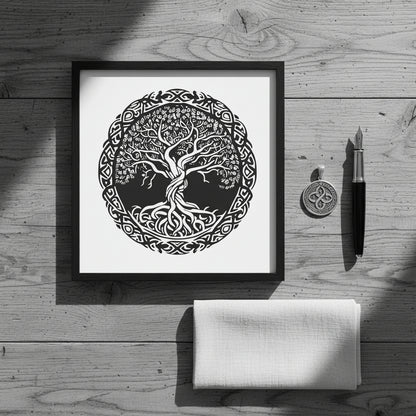 Flat-lay of Celtic Tree of Life print in black frame placed on rustic wooden table beside fountain pen, Celtic pendant, and folded linen cloth. Natural daylight, artistic storytelling tone, black-and-white elegance.