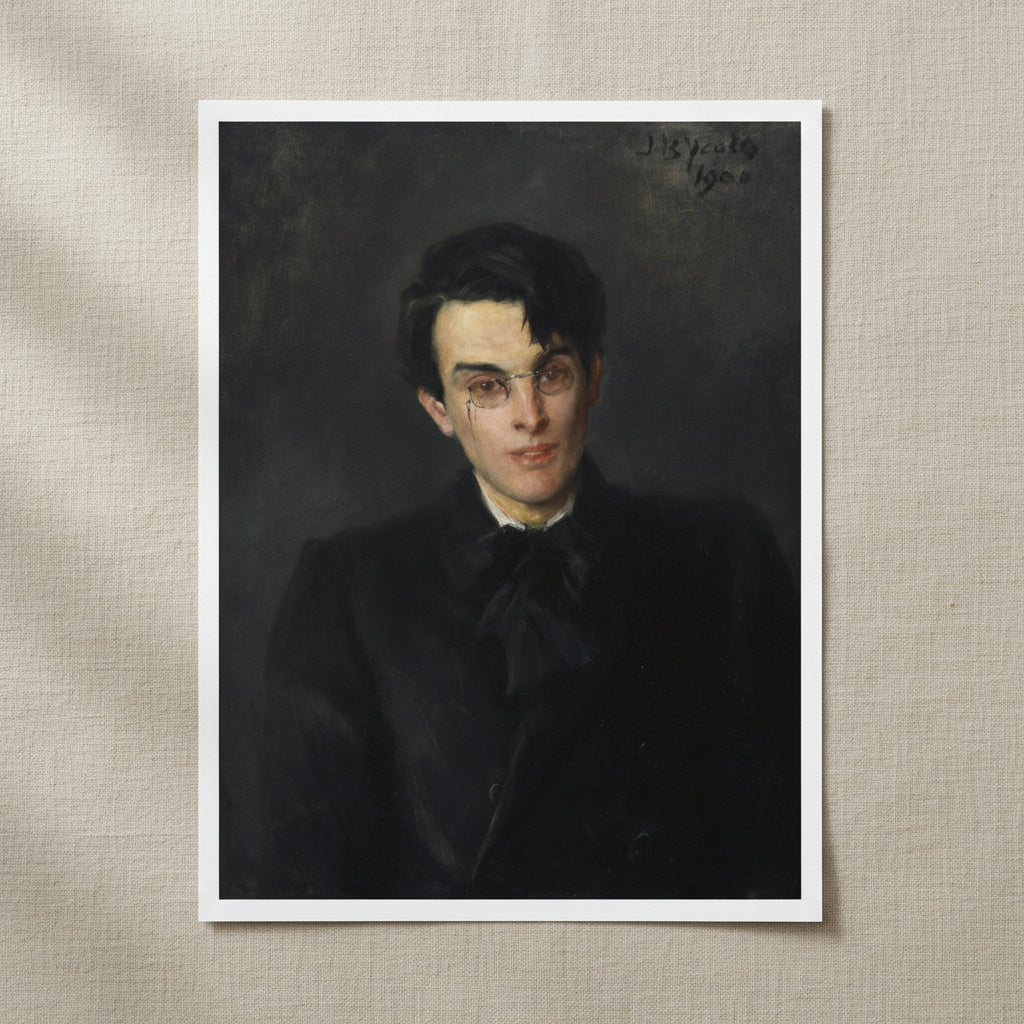 Flat-lay of Yeats print unframed on off-white linen cloth, accompanied by a sprig of eucalyptus and folded envelope for poetic lifestyle mood.