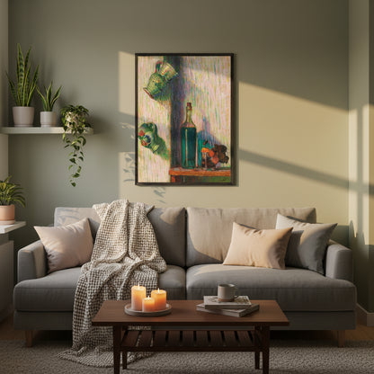 O’Conor art print styled in a cozy apartment living room with candles, soft textures and warm golden-hour lighting