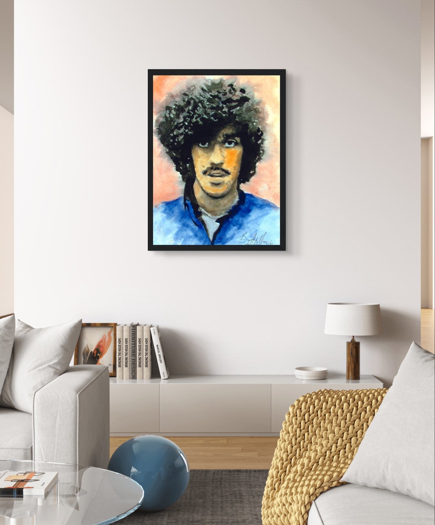 Framed art print of Phil Lynott, frontman of Thin Lizzy. Detailed portrait by an Irish artist, celebrating the rock band's heavy metal influence in the 70s and 80s. Ideal for Thin Lizzy fans and collectors of Irish art.