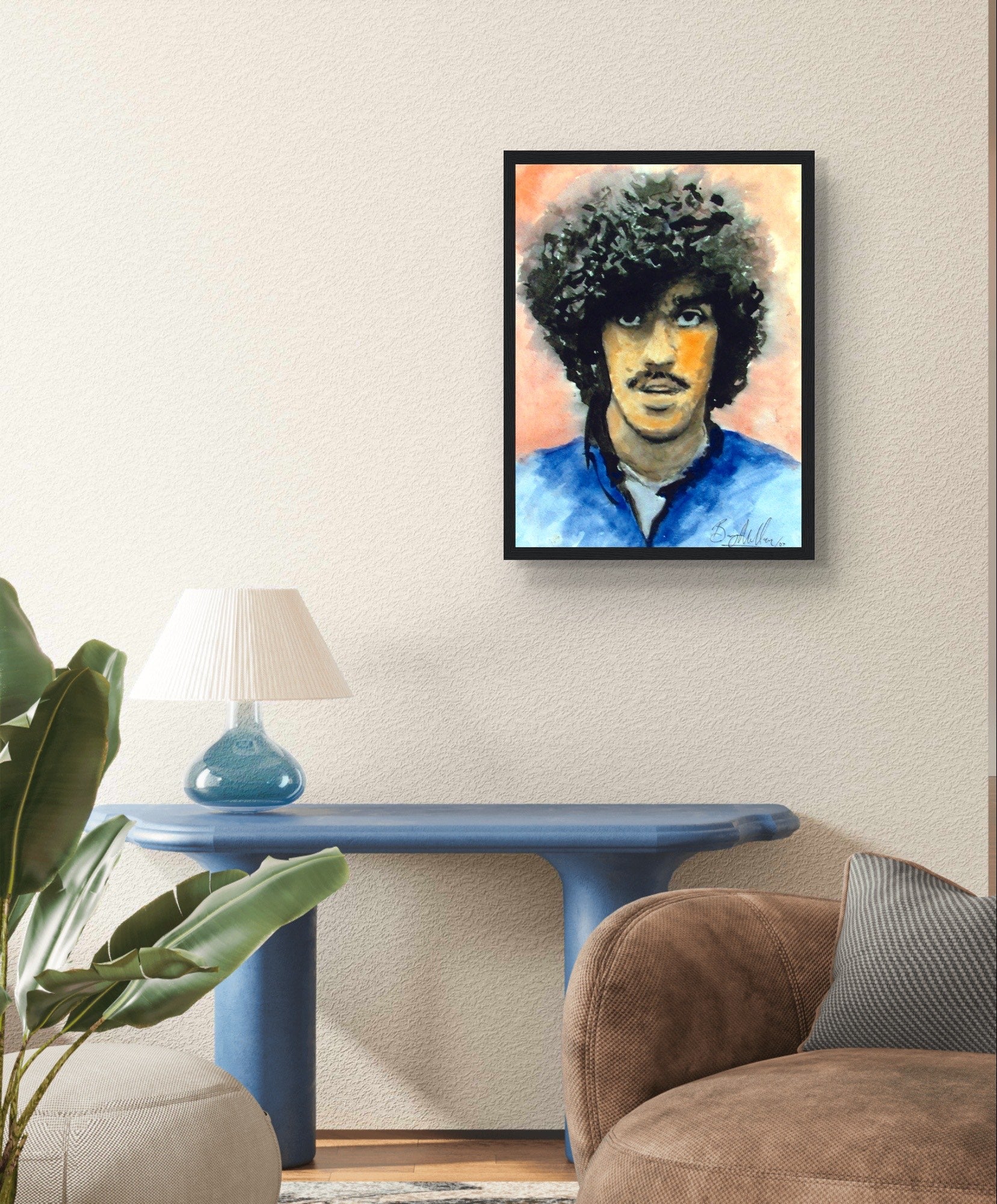 Framed art print of Phil Lynott, frontman of Thin Lizzy, captured in a detailed portrait by an Irish artist. Celebrates the rock band's influence on heavy metal in the 70s and 80s. Ideal for fans of Thin Lizzy and Irish art.