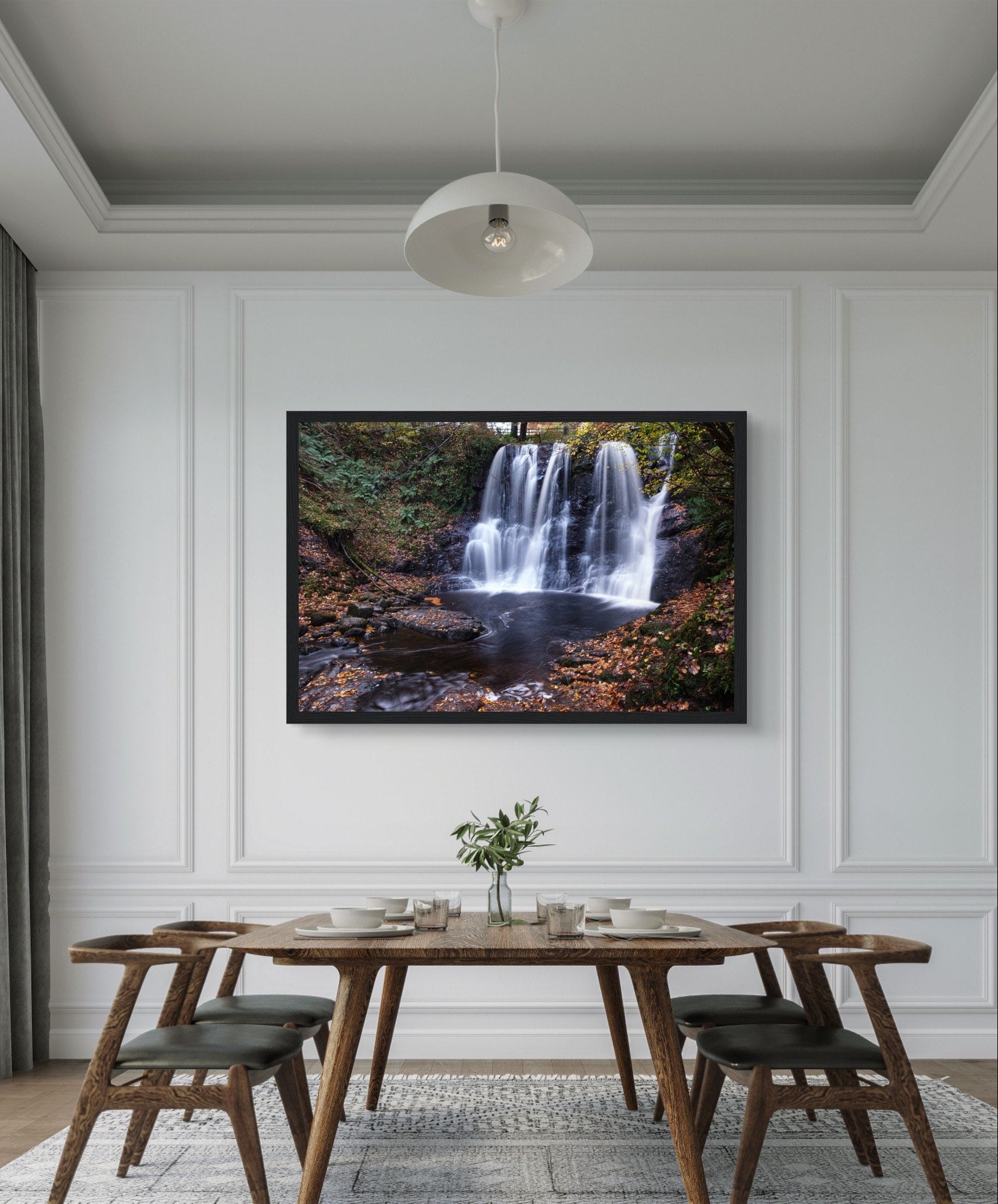 Framed print of Glenariff Waterfall in the Glens of Antrim, Northern Ireland. Captures the lush greenery, cascading water, and serene beauty of the 'Queen of the Glens.' Perfect for nature lovers and those who appreciate stunning landscape photography.