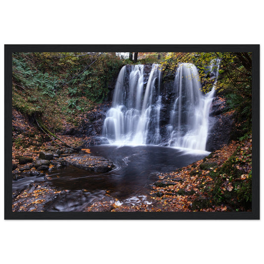 Framed print of Glenariff Waterfall in the Glens of Antrim, Northern Ireland. Captures the lush greenery, cascading water, and serene beauty of the 'Queen of the Glens.' Perfect for nature lovers and those who appreciate stunning landscape photography.