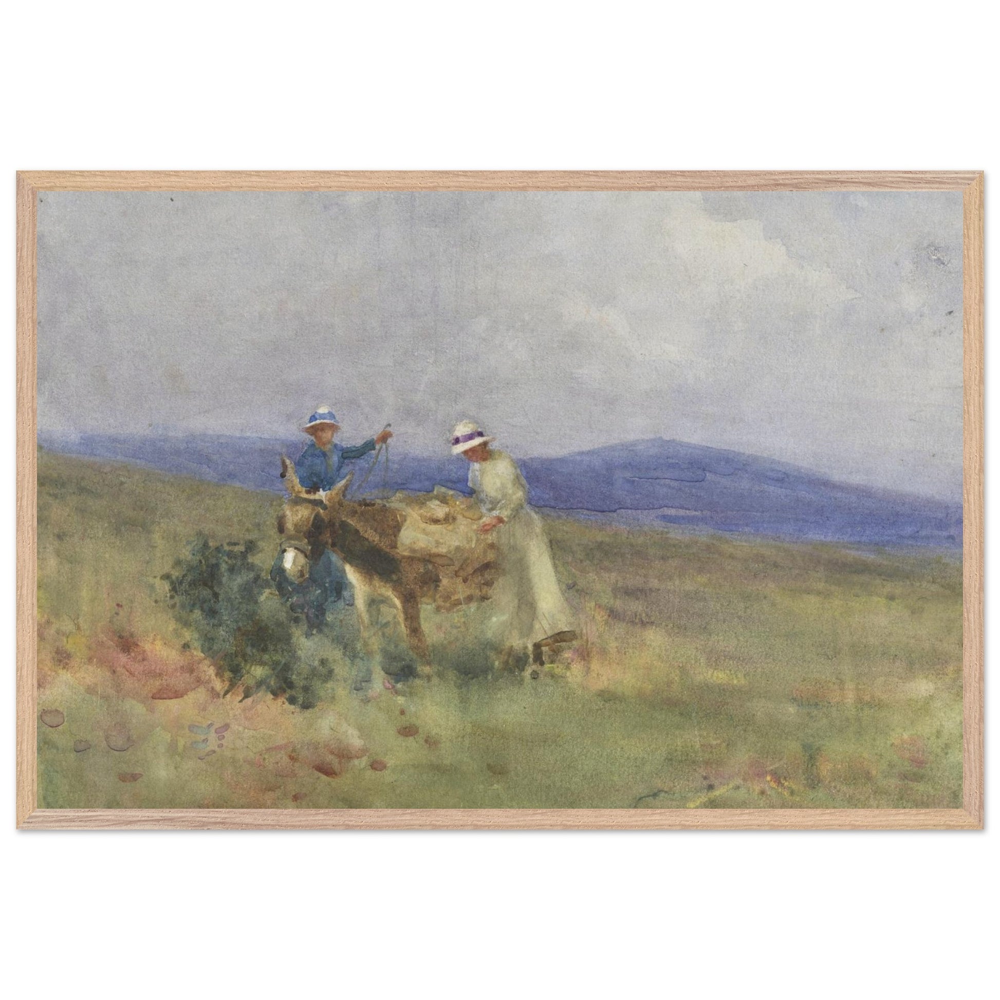 Framed 60x90 cm print of Unpacking the Picnic by Mildred Anne Butler in wood frame