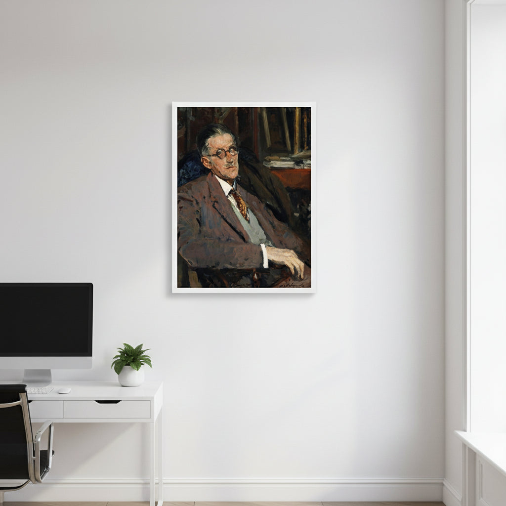 Framed James Joyce portrait (white frame) hanging in a bright minimalist home office, clean light walls, subtle shadows, modern desk setup, premium gallery-style environment.

