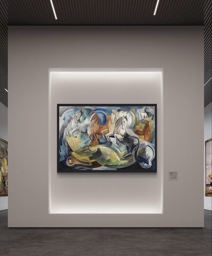 Framed print of 'Achill Horses' by Mainie Jellett hanging on a modern art gallery wall in Ireland, showcasing abstract Irish landscape in Cubist style.