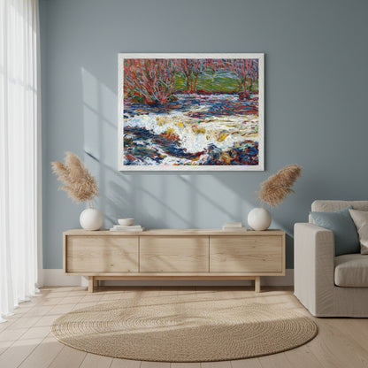 Framed print of O’Conor’s The Rushing Stream with a matte white wooden frame, styled in a coastal modern living room with soft blue and sand tones, airy sunlight, minimal decor, premium lifestyle mock-up, ultra-realistic lighting.