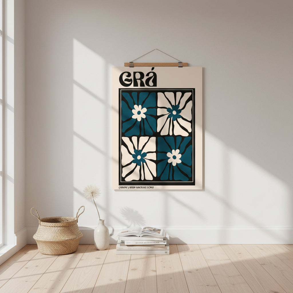 Scandinavian-style apartment interior with light wood floors and muted walls; Grá poster unframed, clipped to a hanger rail or propped against wall with stack of art books.