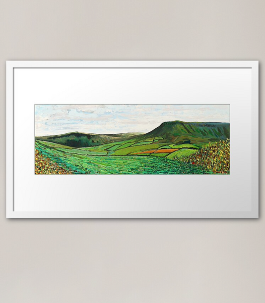 "The Green Glens of Antrim" is an open edition giclee print. The print depicts Lurig Mountain with Glenariff in distance, County Antrim, North Coast Causeway Coast and Glens, Northern Ireland, this print was created by Irish artist Ó Maoláin.