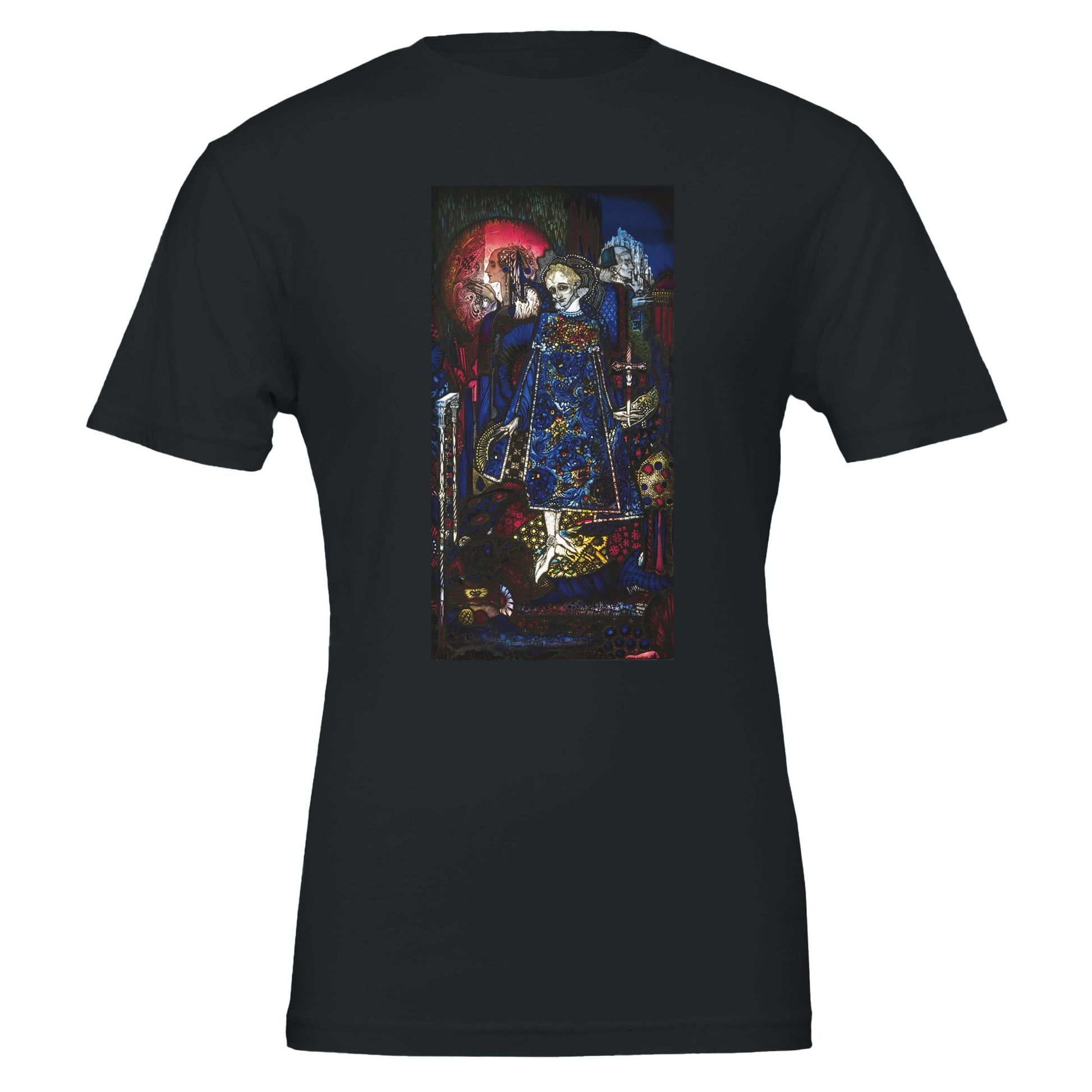 Harry Clarke Irish Art T-shirt in vintage black, Gothic Art Nouveau style, lifestyle setting.
