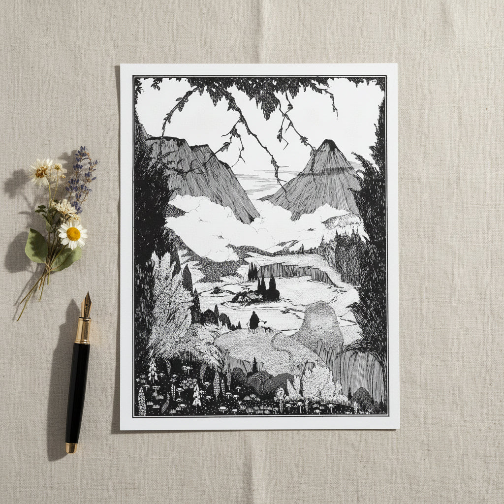 Harry Clarke ‘Landor’s Cottage’ 1923 illustration unframed print, laid flat on natural cotton surface, vintage fountain pen, dried flowers, subtle shadows, archival matte paper texture, elegant minimalist product photography.