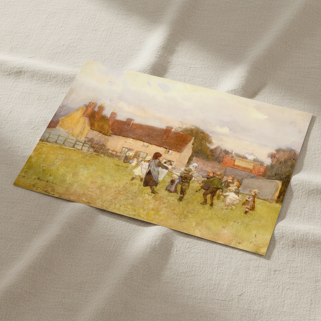 Vintage-style painting of children playing on a grassy field with houses in the background, displayed on a textured beige surface. unframed archival print resting on light linen fabric. Soft natural daylight, gentle shadows, artisanal fine-art photography style.