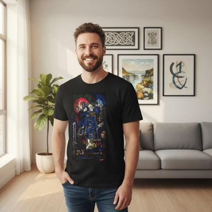 Irish-American art lover wearing “The Song of the Mad Prince” T-shirt in a modern apartment with framed Irish art prints on the wall. Warm natural lighting, lifestyle authenticity, subtle cultural pride