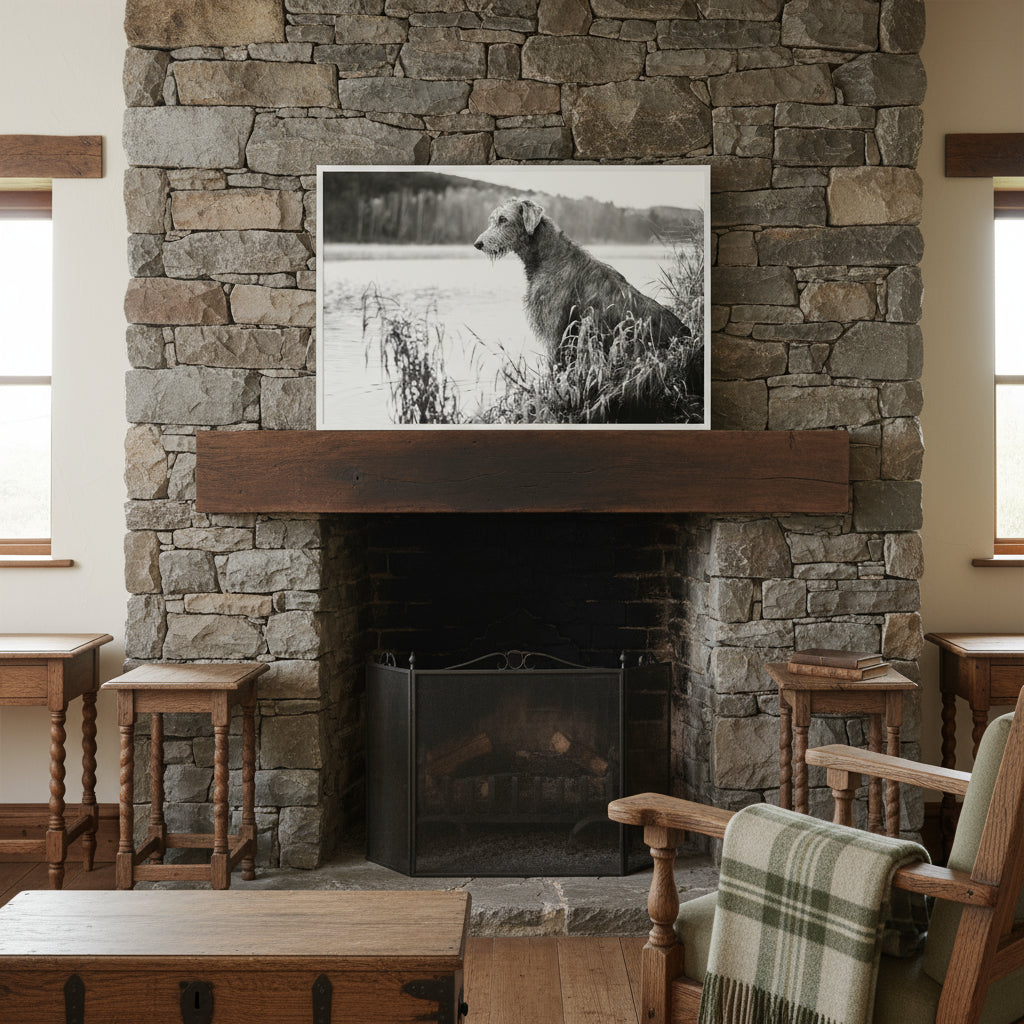 Irish Wolfhound black and white framed print above a stone fireplace in a traditional Irish country home with antique oak furniture and soft natural light.