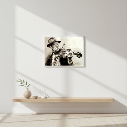 Irish fiddle player gallery print in slim white frame, bright airy wall, natural window lighting, Scandinavian-inspired interior, minimalist styling, soft neutral tones

