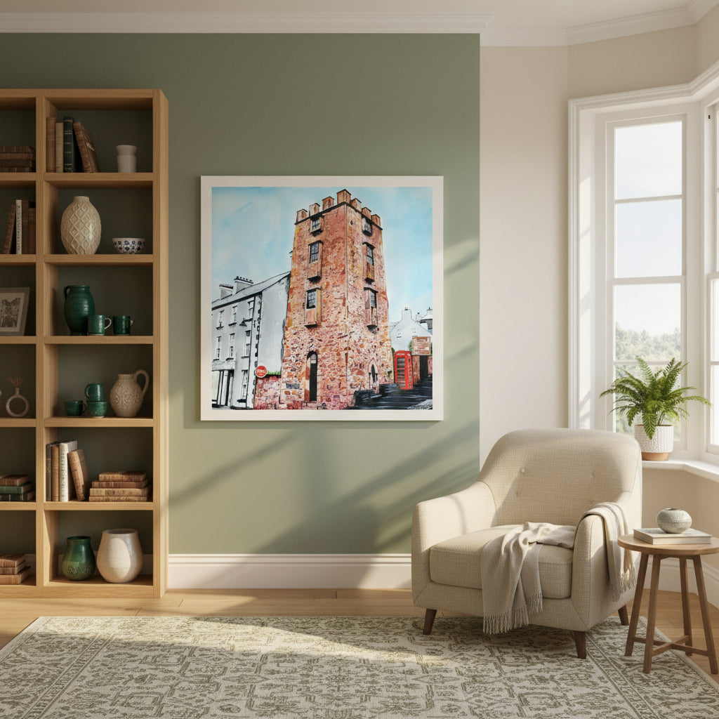 Irish heritage-themed room with soft green or cream tones, framed Curfew Tower Cushendall print on feature wall, travel books, Irish ceramics, warm window light, elegant editorial home décor. Framed art print 'The Curfew Tower' by Ó Maoláin. This piece depicts The Curfew Tower in Cushendall, Glens of Antrim, built by Francis Turnley in 1820 and now owned by Bill Drummond. The artwork showcases the tower amid the scenic Glens of Antrim.