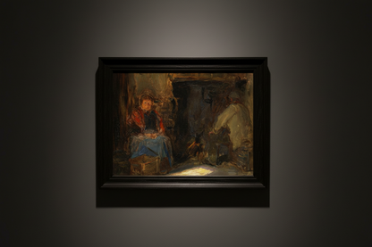  Dramatic fine art photograph of an Irish interior painting A Galway Cottage - Art Print by Irish Artist Walter Frederick Osborne in a dark wood frame, low-key lighting, deep shadows, painterly texture visible, cinematic realism, museum atmosphere, emotional depth, classic Irish art aesthetic
