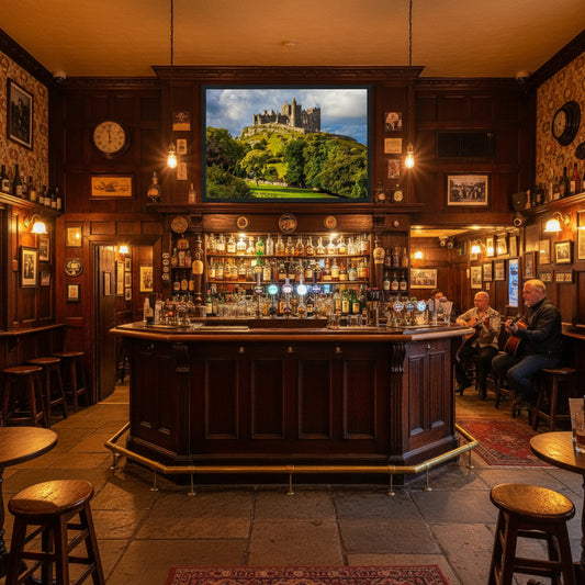 Irish pub-style interior with dark wood panelling, warm lighting, vintage whiskey bottles and the Rock of Cashel print proudly displayed above a traditional bar.