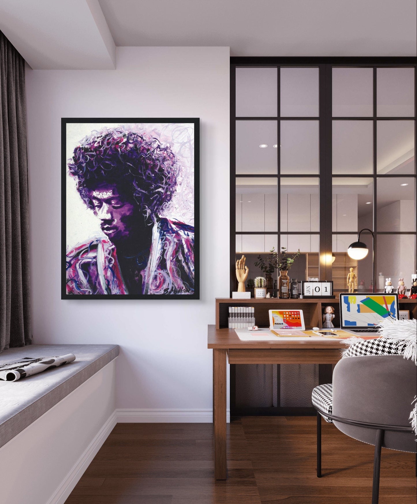 Purple Haze" framed art print by Irish artist B. Mullan. Inspired by Jimi Hendrix's iconic song, the portrait features Hendrix in vibrant purple, navy blue, and rose gold hues, capturing his electrifying presence and musical genius. Perfect for music lovers and art enthusiasts