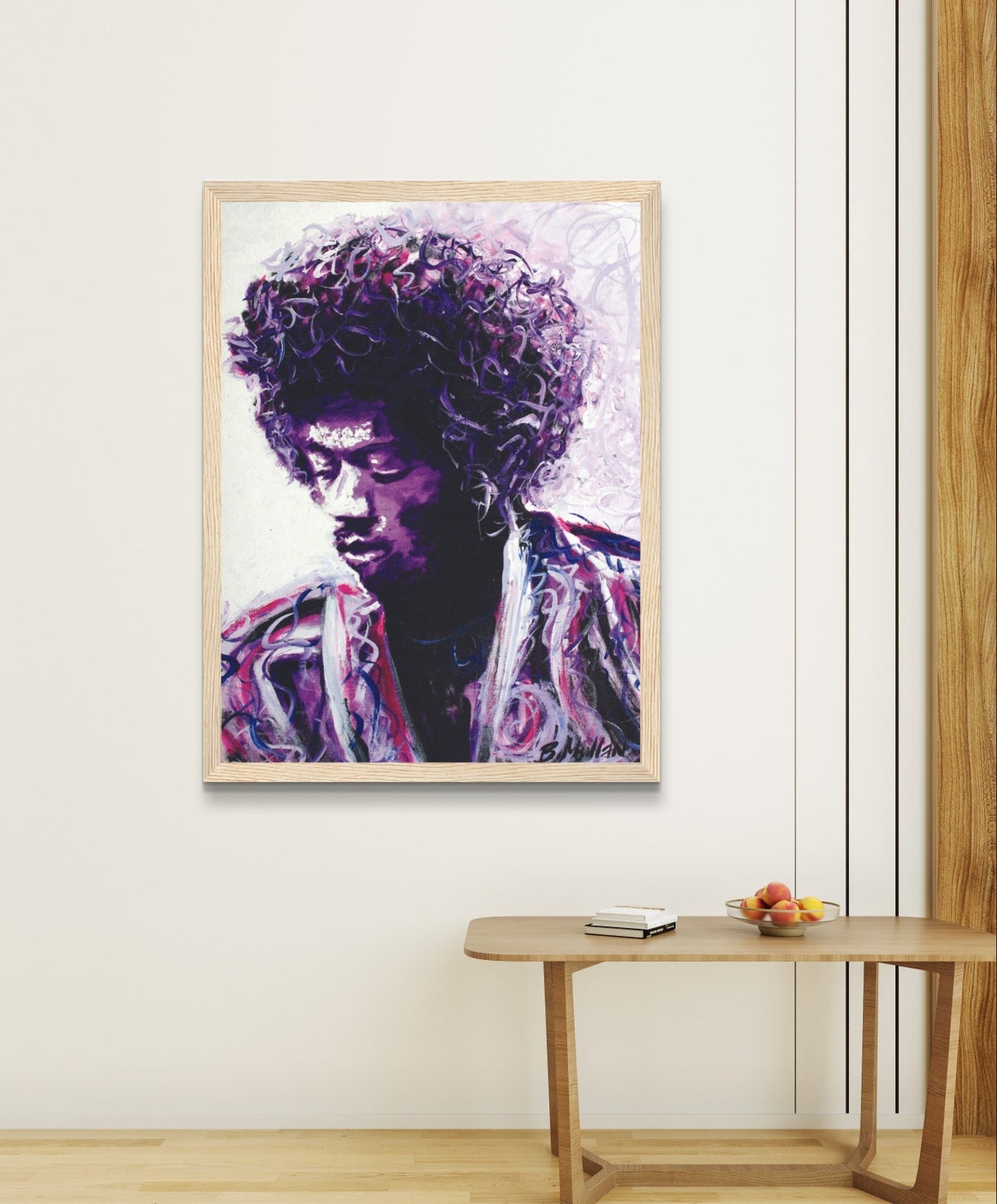 Purple Haze" framed art print by B. Mullan, featuring Jimi Hendrix in vivid purple, navy blue, and rose gold tones, capturing his dynamic presence and musical genius. Ideal for fans and home decor enthusiasts alike.