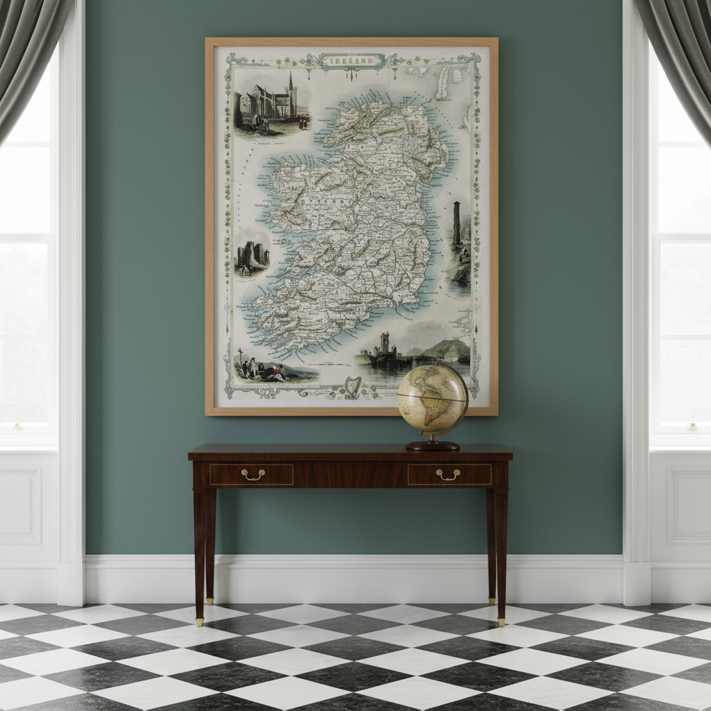Large 45×60 cm vintage Ireland map in natural wood frame on Georgian wall, chequered stone floor, console table with antique globe.