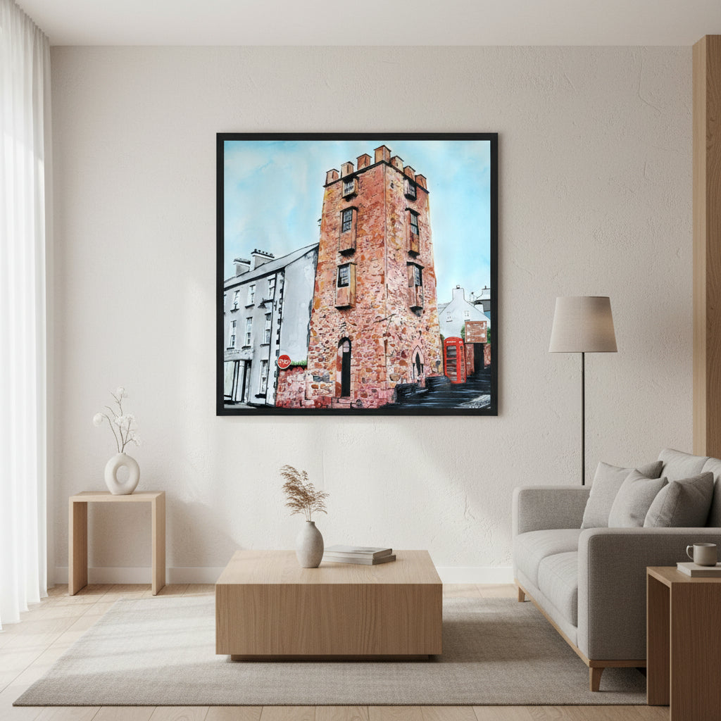 A museum-quality framed art print of The Curfew Tower Cushendall displayed in a refined contemporary living room Irish Artist by Ó Maoláin. This piece depicts The Curfew Tower in Cushendall, Glens of Antrim, built by Francis Turnley in 1820 and now owned by Bill Drummond. soft natural window light, minimalist high-end décor, oak furniture, matte 250gsm paper texture visible, premium editorial photography.