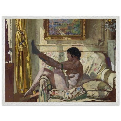 Large framed wall art of William Orpen’s Sunlight, bright interior with nude woman and yellow curtain, white frame, 60x80 cm.