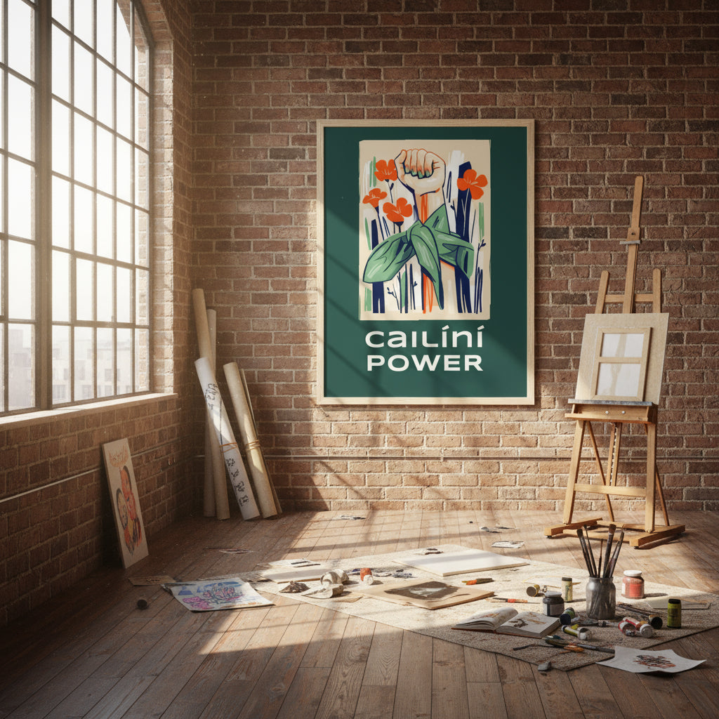 Large poster-style Cailíní Power print displayed in a creative loft space with exposed brick, rolled protest posters, easel, and sunlight through industrial windows.