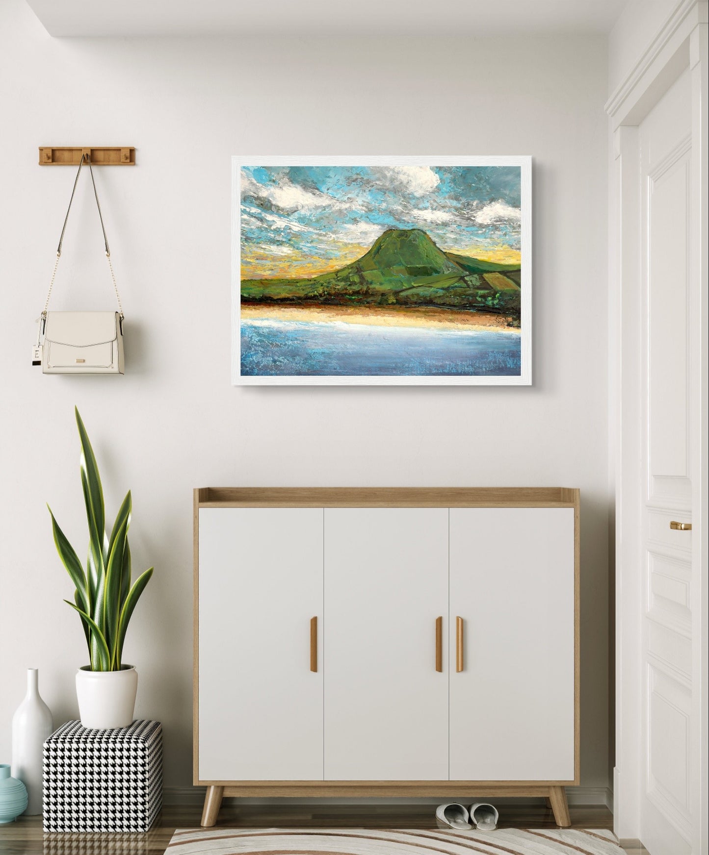 Framed semi-abstract giclee print by Irish artist Ó Maoláin featuring Lurig Mountain and Cushendall Beach in Antrim. The vibrant landscape captures the scenic beauty of the rural beach with its crystal clear waters and sheltered bay, perfect for sea swimming.