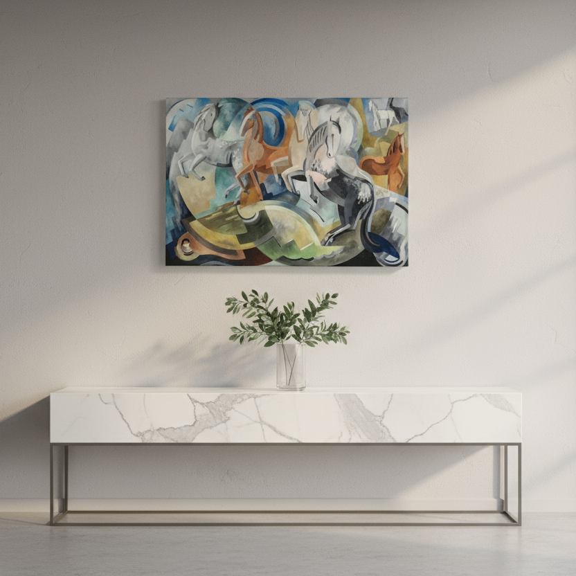 Mainie Jellett’s Achill Horses  Canvas Art Print – 60x90 cm / 24x36" positioned in a contemporary hallway with soft grey walls, marble console table and fresh eucalyptus in a glass vase. Subtle natural light from a side window adds depth to the colours, creating a sophisticated Irish statement piece.