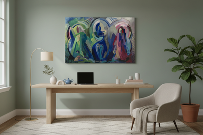 Mainie Jellett canvas print featured above a minimalist home office workspace. A stylish home studio office with light wood desk, design books, ceramic accessories, and a soft colour palette. The Virgin of Éire canvas print mounted above the workspace for an artistic, modern feel.