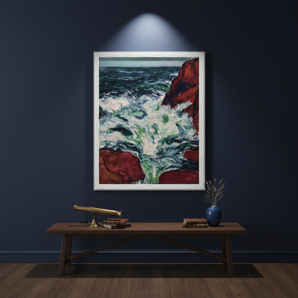 Framed O’Conor print on a navy-blue wall, warm spotlight, moody maritime décor, premium editorial look.