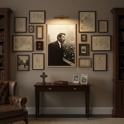 Michael Collins portrait as the centrepiece of a gallery wall in a private collection room, surrounded by vintage Irish maps and historical memorabilia, neutral wall tones and spotlight illumination