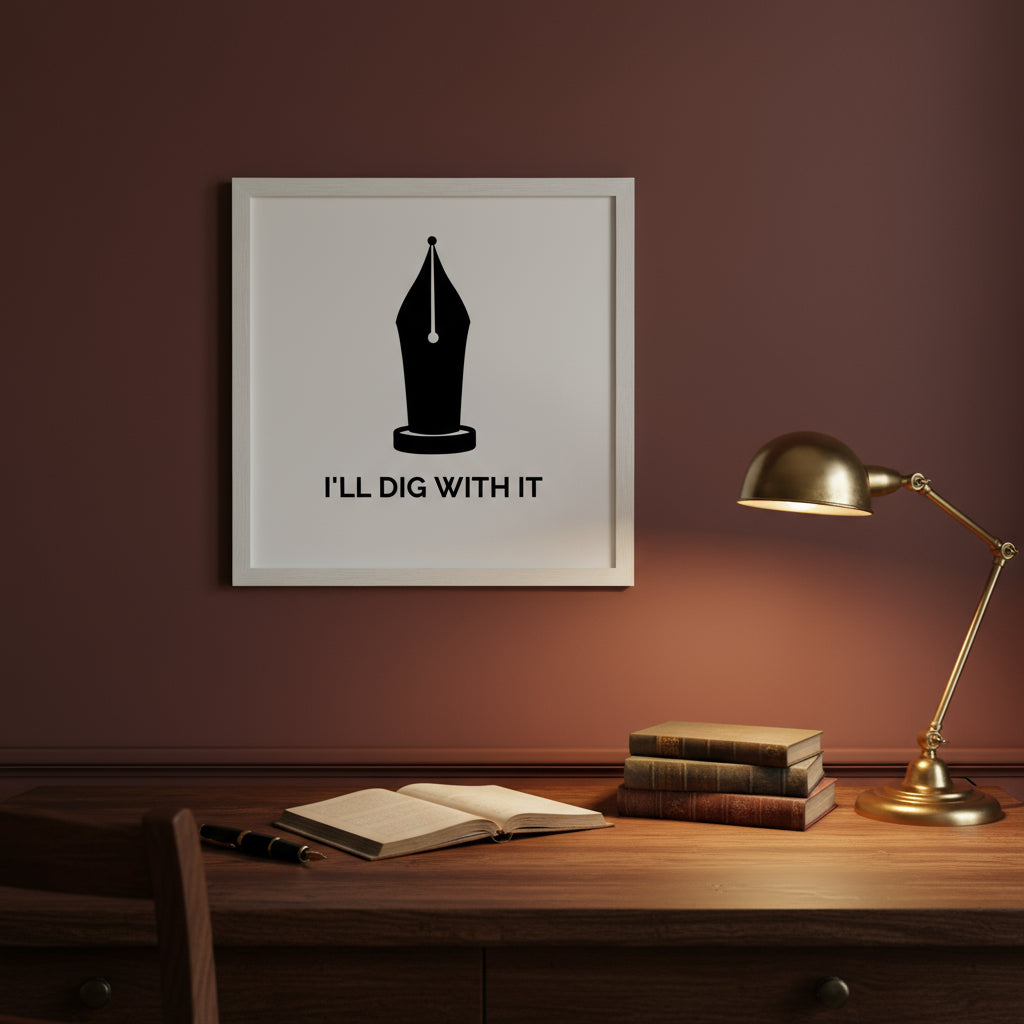 Minimalist framed art print with pen nib illustration and text ‘I’ll Dig With It’ inspired by Seamus Heaney
