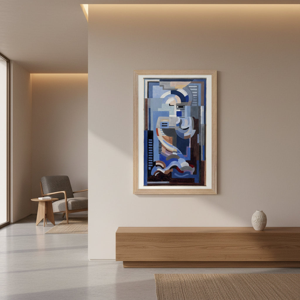 Natural oak frame, Abstract Blue Composition by Mainie Jellett, shown in warm minimalist interior, oak furniture, soft shadows, luxury gallery styling.