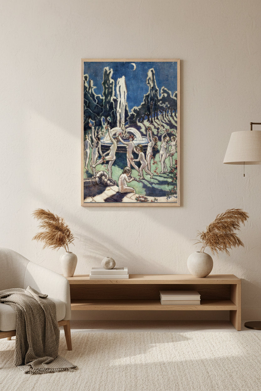 Nudes Dancing Round a Fountain by Moonlight by Mainie Jellett – museum-quality Irish modernist art print featuring dancing nude figures under a moonlit sky.