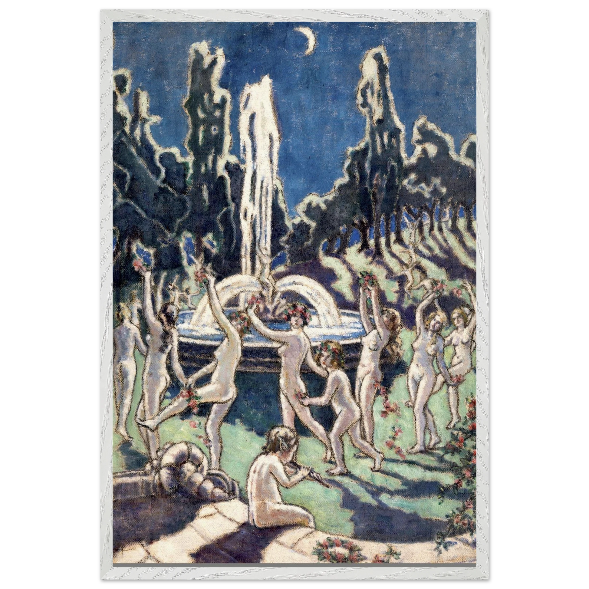 2caba379-321d-4471-b033-Nudes Dancing round a Fountain by Moonlight by Mainie Jellett – white framed Irish figurative art print